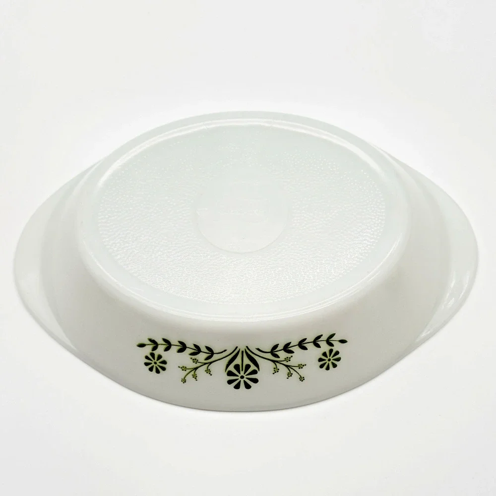 Glasbake Divided Casserole Serving Dish Green Daisy Milk Glass Vintage 1 qt